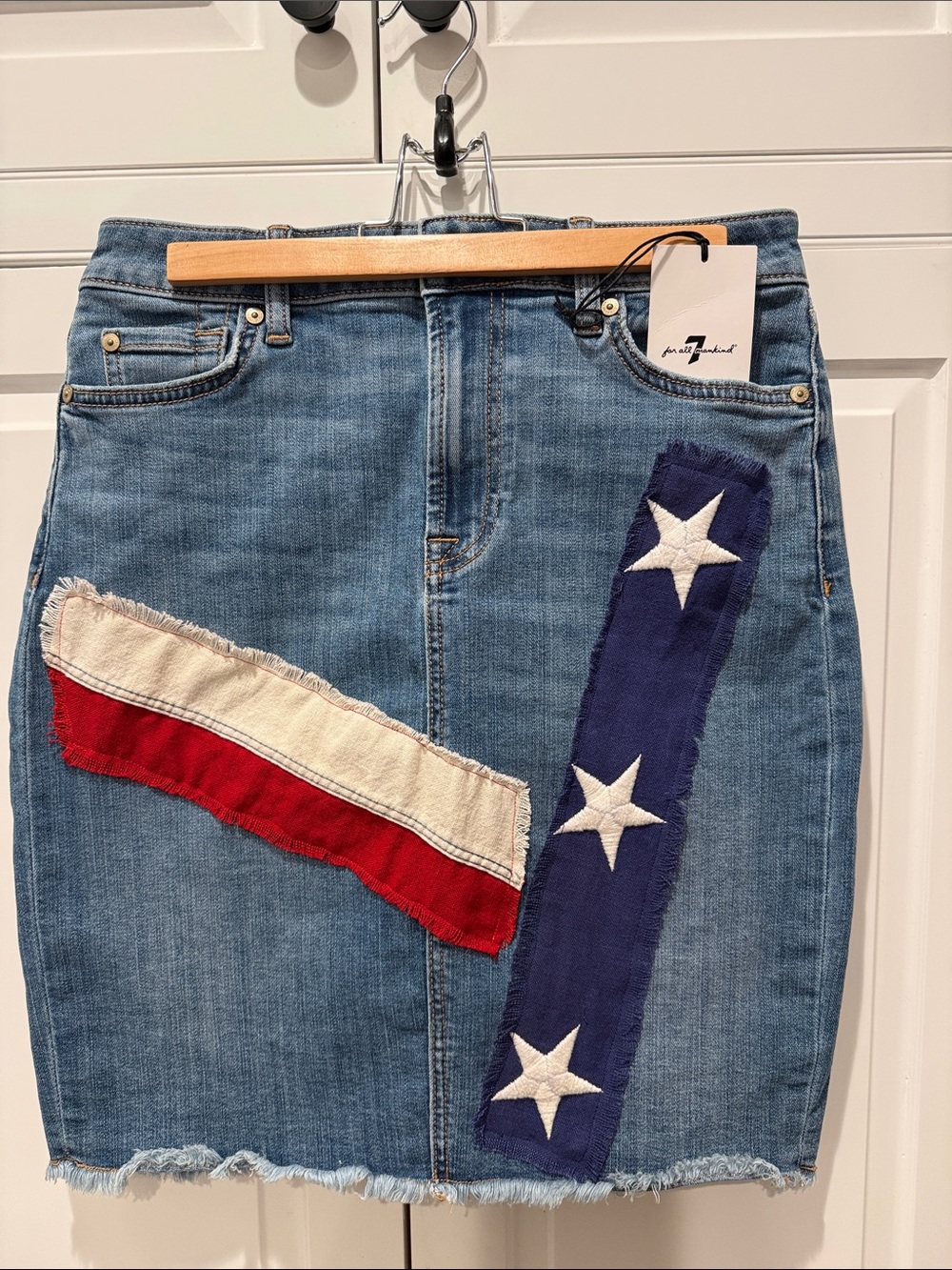 7 For All Mankind Denim Pencil Skirt with Vintage US Flag Patches & Frayed Hem